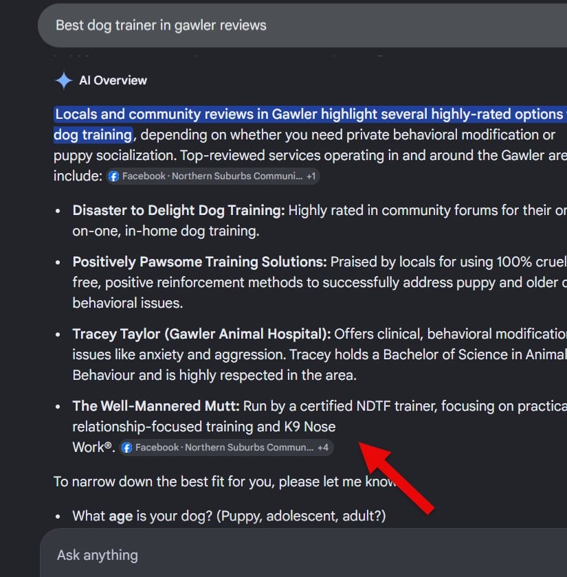 Google AI Overview screenshot showing The Well-Mannered Mutt cited for a relevant local dog training search.