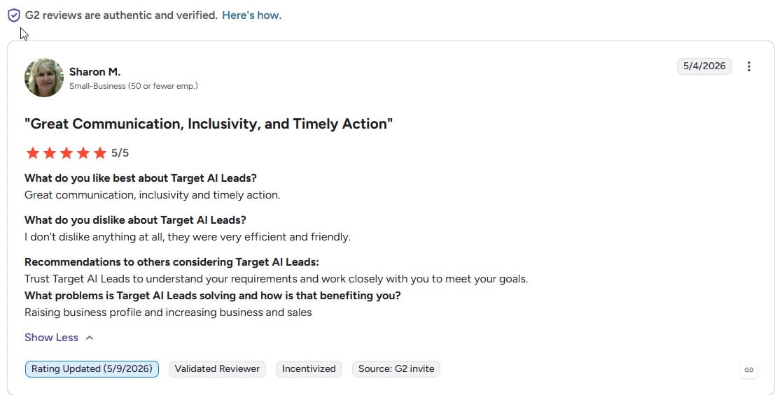 Verified G2 review for Target AI Leads from Sharon M.