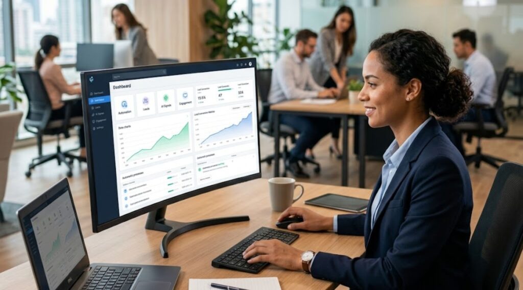 Woman using AI dashboard for automated lead generation and sales outreach.