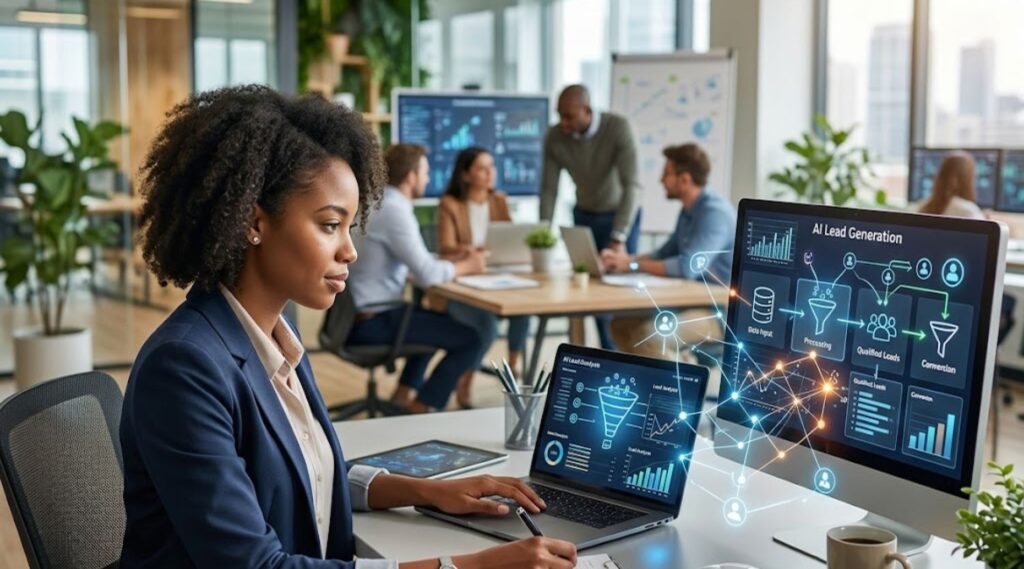 AI lead generation process visualized on computer screen and laptop in modern office setting.