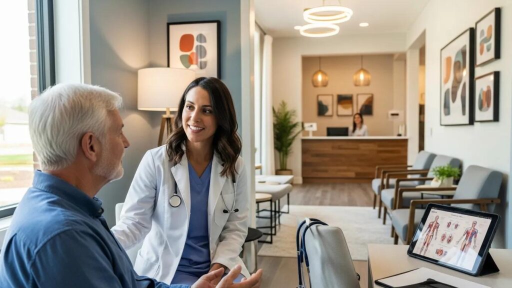 Healthcare professional consulting with patient in modern medical practice setting.