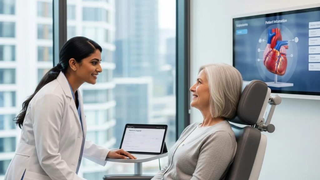 Healthcare professional consulting with patient in clinic, digital patient information display.