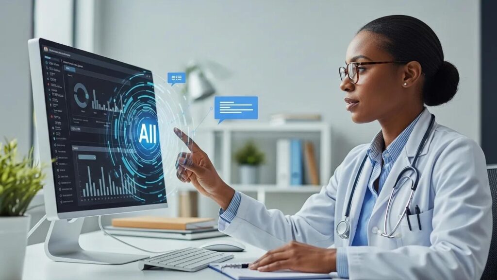 Healthcare professional analyzing AI-driven patient data on computer screen.